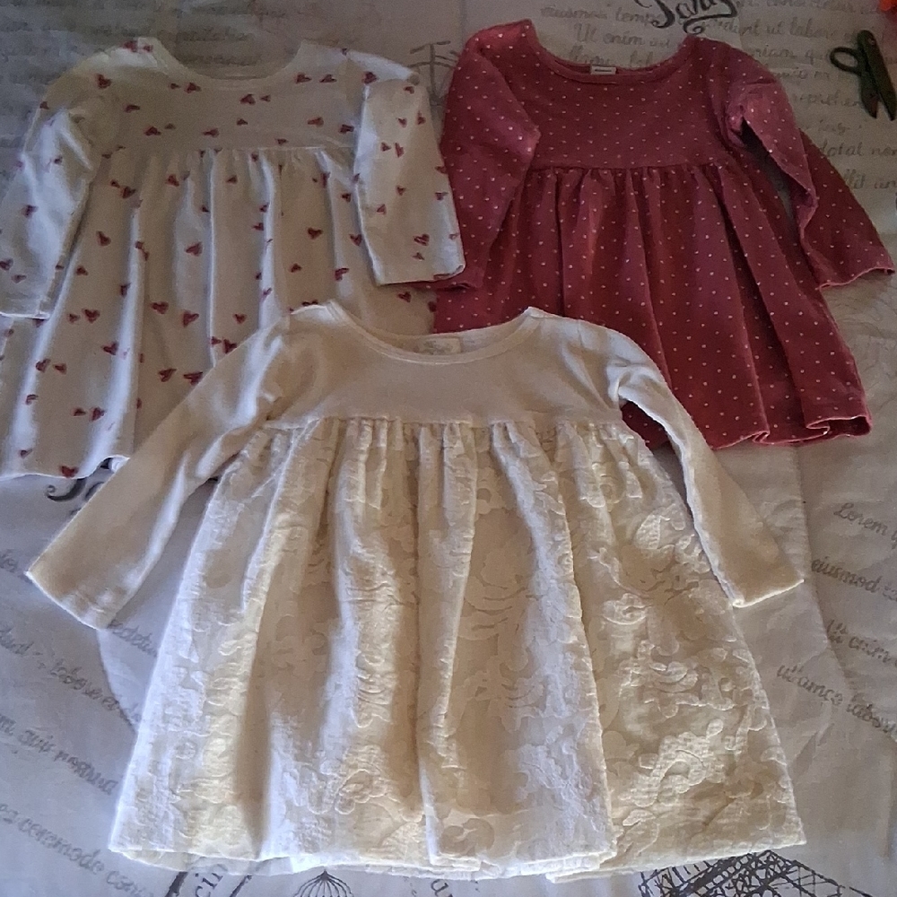 Set of Three Baby Dresses - Cream, Pink, and White with Hearts